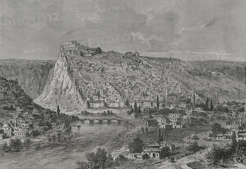 Kars. Panoramic view of the city during Russian rule. In 1921 Turkey regained sovereignty over the city. Engraving. ""La Guerra de Oriente"" (The Russo-Turkish War). Volume I. 1877.
