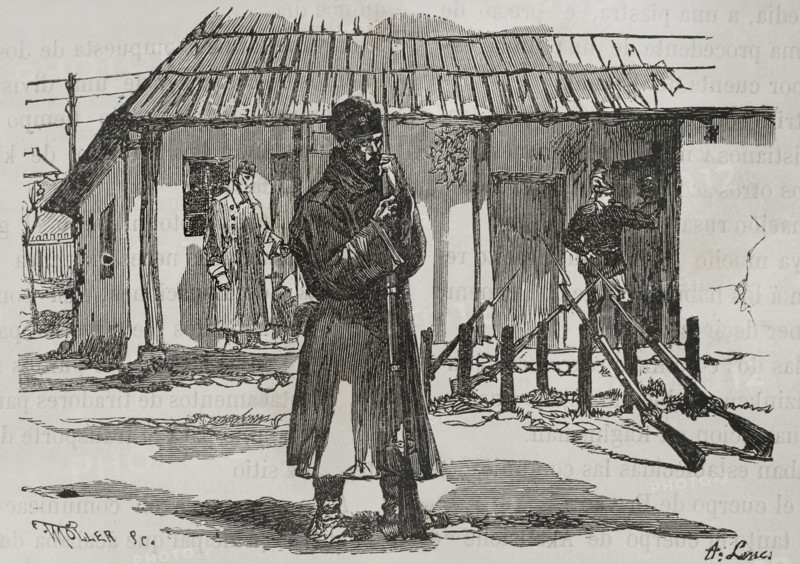 Russo-Turkish War (1877-1878). On 24 April 1877 Russia declared war on the Ottoman Empire and its troops crossed Romanian territory. Russian soldiers' post on the left bank of the Danube. Engraving by Moller. ""La Guerra de Oriente"" (The Russo-Turkish War). Volume I. 1877.