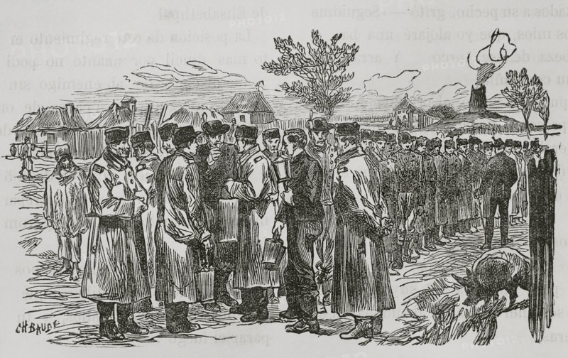 Russo-Turkish War (1877-1878). Distribution of slivovitz (plum spirit) to Romanian infantry hunters. Engraving by Charles Baude. ""La Guerra de Oriente"" (The Russo-Turkish War). Volume I. 1877.