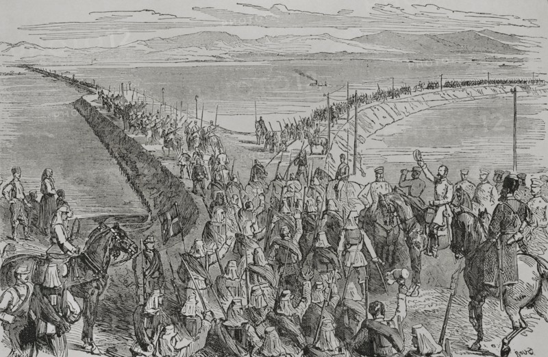 Russo-Turkish War (1877-1878). Bridge over the Danube River built by the Russians at Braila (Romania). Engraving. ""La Guerra de Oriente"" (The Russo-Turkish War). Volume I. 1877.