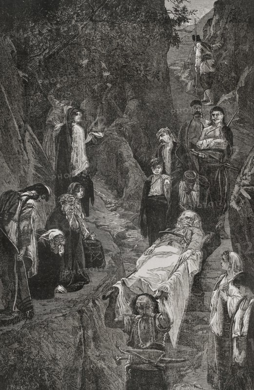 Russo-Turkish War (1877-1878). Transport of a mortally wounded Montenegrin leader. Montenegro was allied with the Russian Empire and Serbia during the conflict. Engraving by Moller. ""La Guerra de Oriente"" (The Russo-Turkish War). Volume I. 1877.