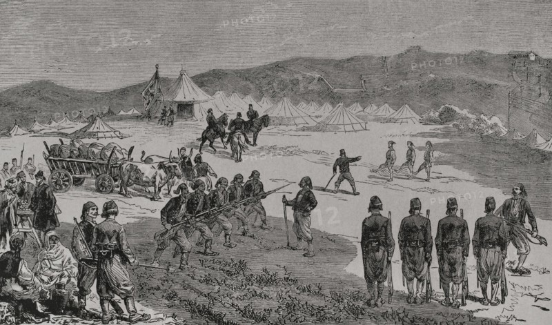 Russo-Turkish War (1877-1878). Volunteers' camp on the heights of Constantinople. Engraving. ""La Guerra de Oriente"" (The Russo-Turkish War). Volume I. 1877.
