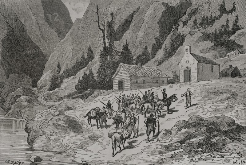 Russo-Turkish War (1877-1878). Mirditor chiefs inspecting mountain cottages. Engraving by Charles Baude. ""La Guerra de Oriente"" (The Russo-Turkish War). Volume I. 1877.