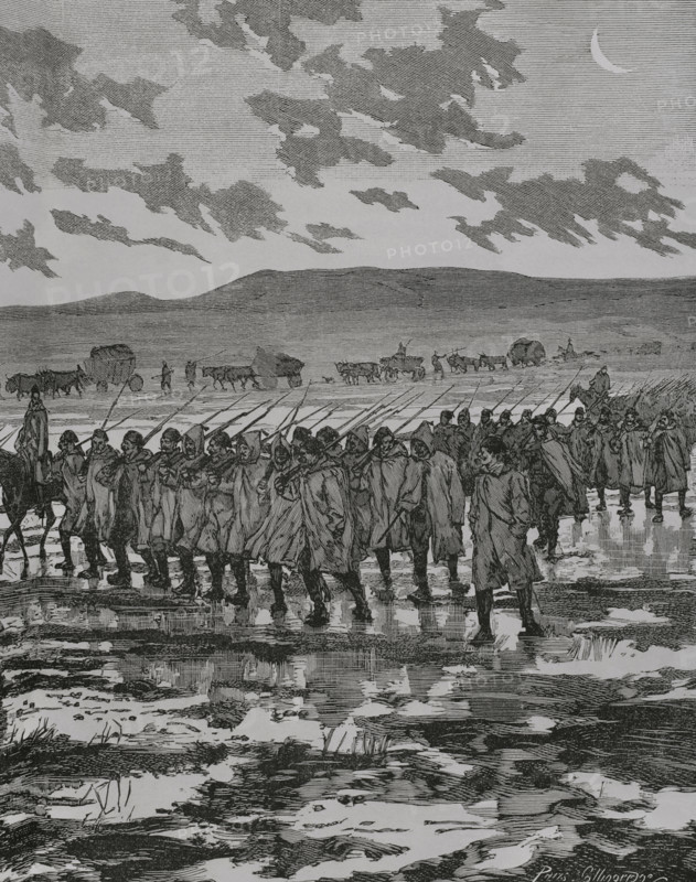 Russo-Turkish War (1877-1878). Turkish infantry column crossing the Dobrutscha swamps. Engraving by Vierge. Detail. ""La Guerra de Oriente"" (The Russo-Turkish War). Volume I. 1877.