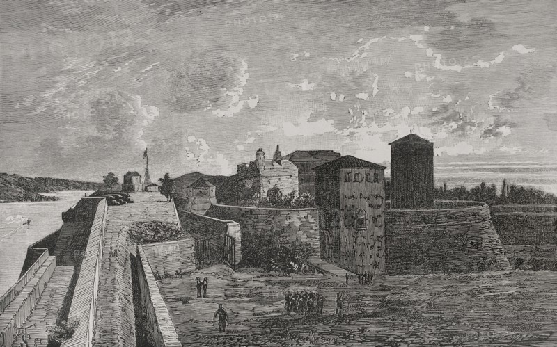Vidin, Bulgaria. Baba Vida Fortress. Engraving. ""La Guerra de Oriente"" (The Russo-Turkish War). Volume I. 1877.