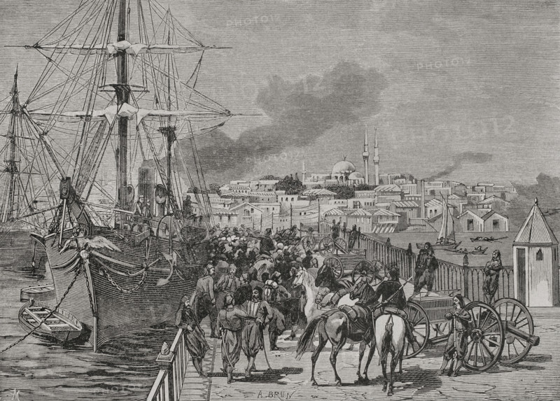 Russo-Turkish War (1877-1878). Embarkation of artillery on the Turkish ship Medjidie. Engraving by A. Brun. ""La Guerra de Oriente"" (The Russo-Turkish War). Volume I. 1877.
