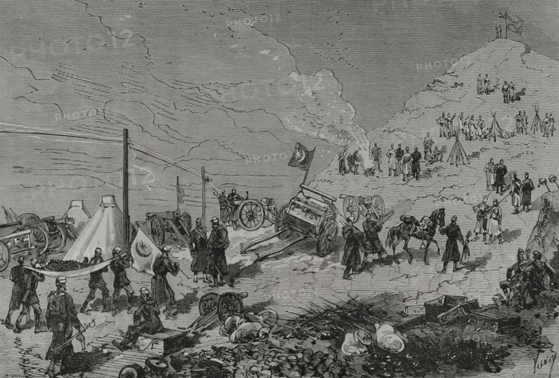 Russo-Turkish War (1877-1878). Balkan Pass. Taking of the St. Nicholas redoubt by the Russian Army. Engraving by Valnay. ""La Guerra de Oriente"" (The Russo-Turkish War). Volume I. 1877.