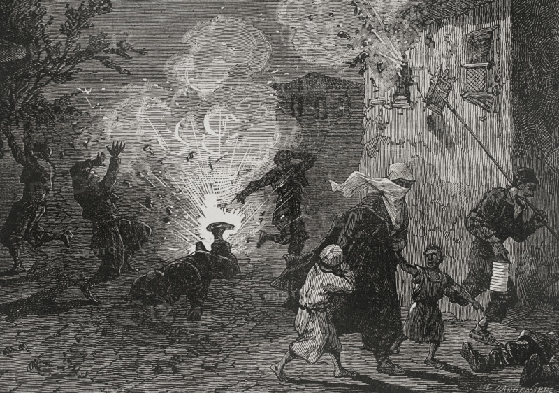 Russo-Turkish War (1877-1878). Bombing of the Bulgarian town of Roustchouk (now Ruse) by the Romanian army. Engraving. ""La Guerra de Oriente"" (The Russo-Turkish War). Volume I. 1877.