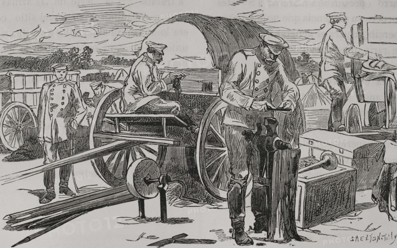 Russo-Turkish War (1877-1878). Russian camp. Field military workshop of the 9th Corps. Engraving by Smeeton Tilly. ""La Guerra de Oriente"" (The Russo-Turkish War). Volume I. 1877.