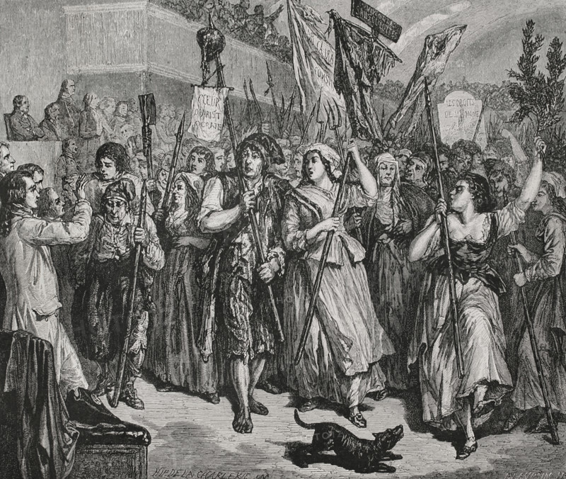 French Revolution. Paris. Demonstration of 20 June 1792. Sans-culottes armed with pikes invading the Legislative Assembly. Drawing by Hippolyte de la Charlerie. Engraving by Blanpain. ""History of the French Revolution"". Volume I, 1876.