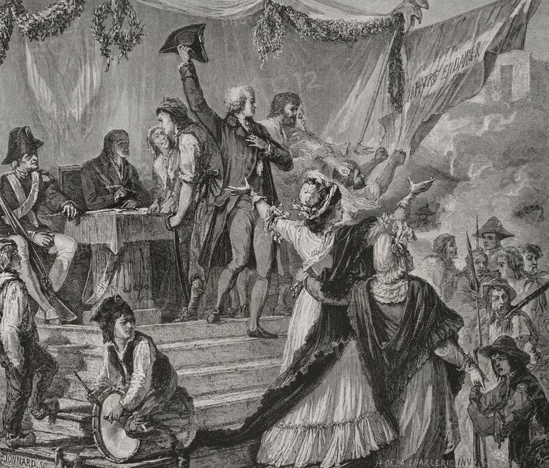 The National Assembly declared ""La Patrie en danger"" (The Homeland in danger) after the session of 11 July 1792. It was the response to the intention of the European absolute monarchies, mainly Prussia and Austria, to end the French Revolution. Enlistment of volunteers. Drawing by Hippolyte de la Charlerie. Engraving by Jonnard. ""History of the French Revolution"". Volume I, 1876.