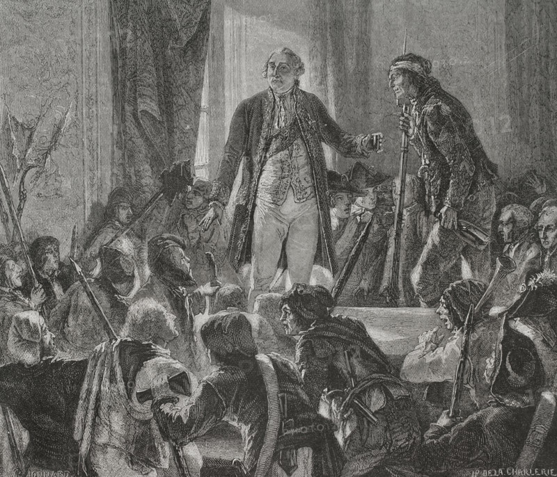 French Revolution. Paris. On 20 June 1792 the crowd attacked the Tuileries Palace, where King Louis XVI (1754-1793) was taking refuge. The mob forced the monarch to appear on the balcony, putting on Phrygian cap and drink to the health of the people, to which he agreed. Louis XVI drinking to the health of the nation. Drawing by Hippolyte de la Charlerie. Engraving by Jonnard. ""History of the French Revolution"". Volume I, 1876.