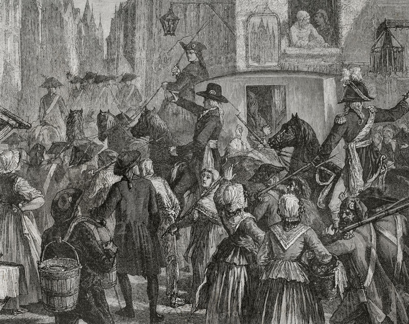 French Revolution. King Louis XVI (1754-1793) and the royal family taken to the Temple prison in Paris, 13 August 1792. Drawing by Hippolyte de la Charlerie. Engraving by Blanpain. ""History of the French Revolution"". Volume I, 1876.