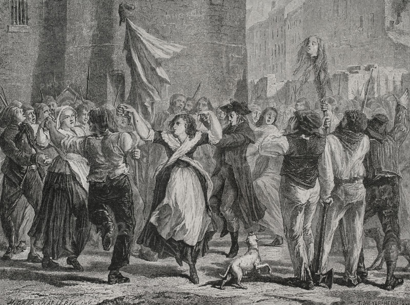 French Revolution. September Massacres (2 to 6 September 1792). The revolutionaries executed mass murders among the prison population all over France, mainly in Paris. The rebels parading the head of the Princesse de Lamballe (Marie Therese Louise of Savoy) through the streets. Drawing by Hippolyte de la Charlerie. Engraving by Theodore Meyer-Heine. ""History of the French Revolution"". Volume I, 1876.