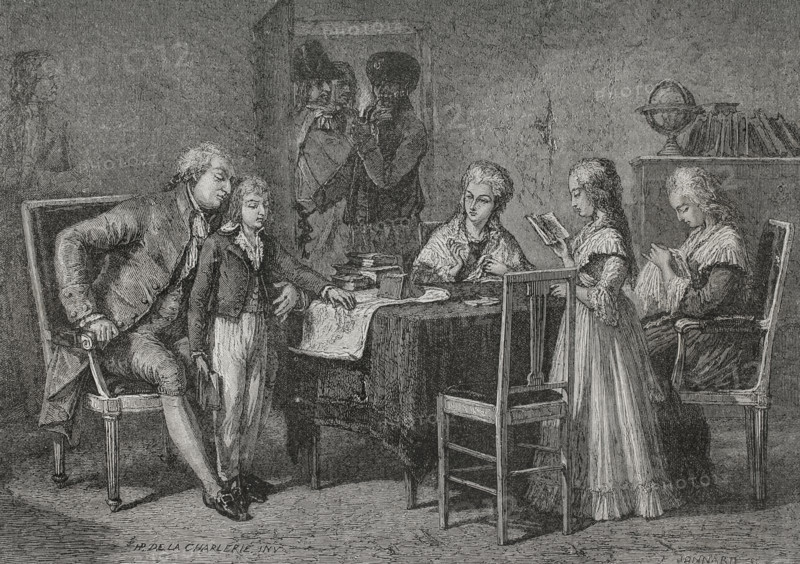 French Revolution. On 13 August 1792 King Louis XVI (1754-1793) and the royal family were taken prisoners at the Temple in Paris. Occupations of the royal family in the Temple prison. Drawing by Hippolyte de la Charlerie. Engraving by Jonnard. ""History of the French Revolution"". Volume I, 1876.