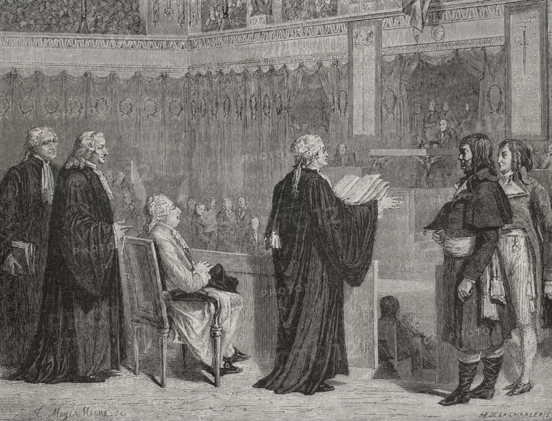 French Revolution. Judgment of King Louis XVI of France, December 1792. Louis XVI appears before the deputies of the National Convention, deconsecrated under the name of citizen Louis Capet. Louis XVI before his judges. Drawing by Hippolyte de la Charlerie. Engraving by Meyer-Heine. ""History of the French Revolution"". Volume I, 1876.