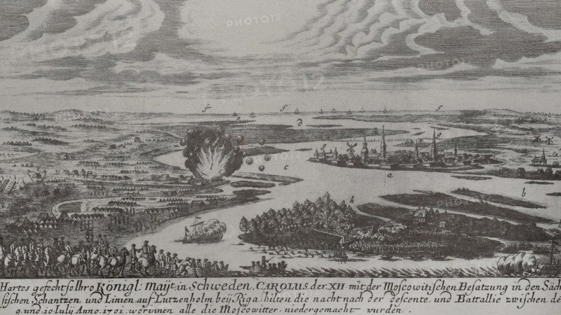 Great Northern War (1700-1721). Conflicts that took place over supremacy in the Baltic Sea. Rivalry between Sweden, dominant in northern Europe, and Russia, Denmark-Norway and the Republic of the Two Nations caused these three states, together with Saxony, to form an anti-Swedish coalition in 1700. Battle of Daugava or Battle of Spilve (9 July 1701). The army of King Charles XII of Sweden attacked the fortifications of Lucavsala across the Daugava River, defeating the Russians. The text of the engraving reads: ""A fierce battle in which the Swedish King Charles XII defeated the Muscovites, who fortified themselves in the trench on the island of Lutzenholm, near Riga, after a battle on the night of 9-10 July 1701, in which all the Muscovites were destroyed"". Engraving by unknown artist based on a drawing by Johana Litena.