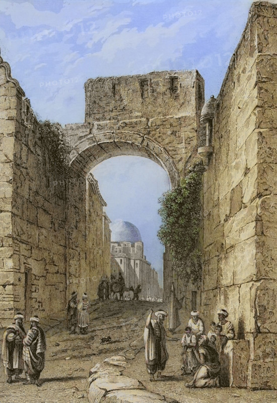 Jerusalem. View of a city street. Entrance to the Mount of Temple. Engraving by Ransonnette. Later colouration. ""La Tierra Santa y los lugares recorridos por los profetas, por los apostoles y por los cruzados"" (The Holy Land and the sites traversed by the prophets, by the apostles and by the crusaders). Published in Barcelona by the printing house of Joaquin Verdaguer, 1840.