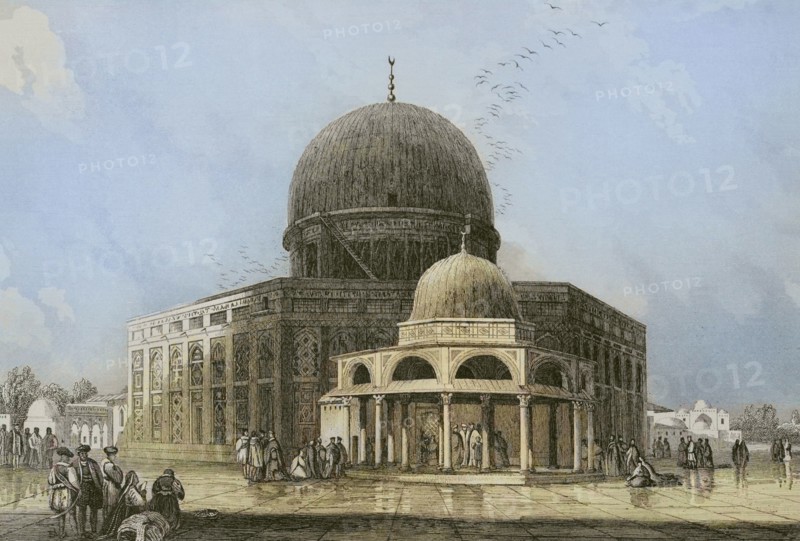 Jerusalem. Dome of the Rock, at the center of the Temple Mount or Jerusalem's Holy Esplanade. Engraving by Ransonnette. Later colouration. ""La Tierra Santa y los lugares recorridos por los profetas, por los apostoles y por los cruzados"" (The Holy Land and the sites traversed by the prophets, by the apostles and by the crusaders). Published in Barcelona by the printing house of Joaquin Verdaguer, 1840.