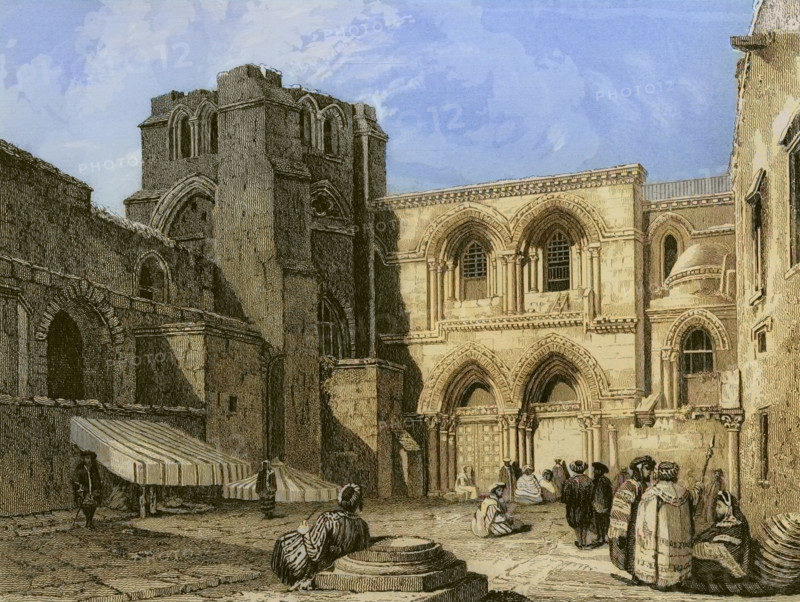 Jerusalem. Church of the Holy Sepulchre. Engraving by Emile Rouargue. Later colouration. ""La Tierra Santa y los lugares recorridos por los profetas, por los apostoles y por los cruzados"" (The Holy Land and the sites traversed by the prophets, by the apostles and by the crusaders). Published in Barcelona by the printing house of Joaquin Verdaguer, 1840.