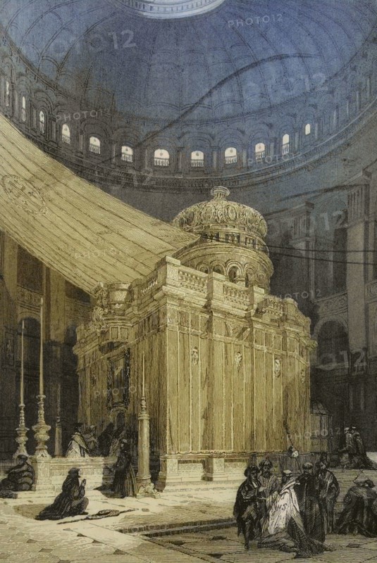 Jerusalem. Tomb of Jesus Christ. Church of the Holy Sepulchre. Engraving by Emile Rouargue. Later colouration. ""La Tierra Santa y los lugares recorridos por los profetas, por los apostoles y por los cruzados"" (The Holy Land and the sites traversed by the prophets, by the apostles and by the crusaders). Published in Barcelona by the printing house of Joaquin Verdaguer, 1840.