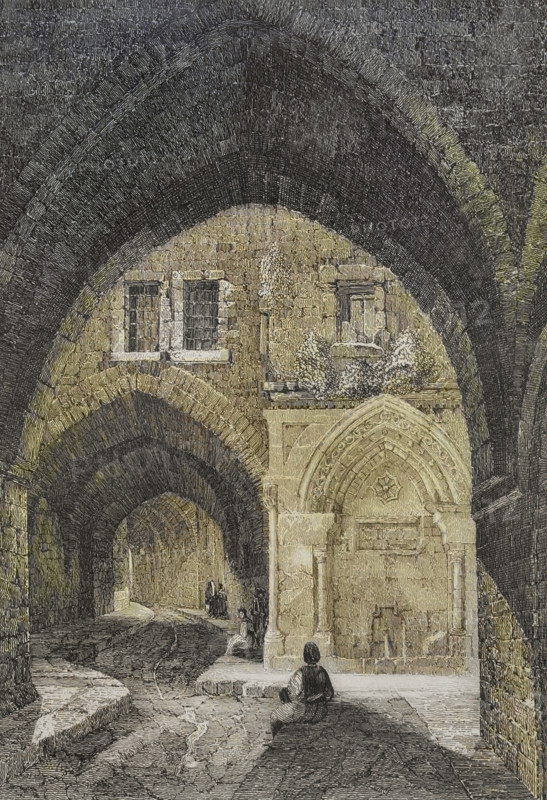 Jerusalem. Vaulted street. Engraving by Emile Rouargue. Later colouration. ""La Tierra Santa y los lugares recorridos por los profetas, por los apostoles y por los cruzados"" (The Holy Land and the sites traversed by the prophets, by the apostles and by the crusaders). Published in Barcelona by the printing house of Joaquin Verdaguer, 1840.