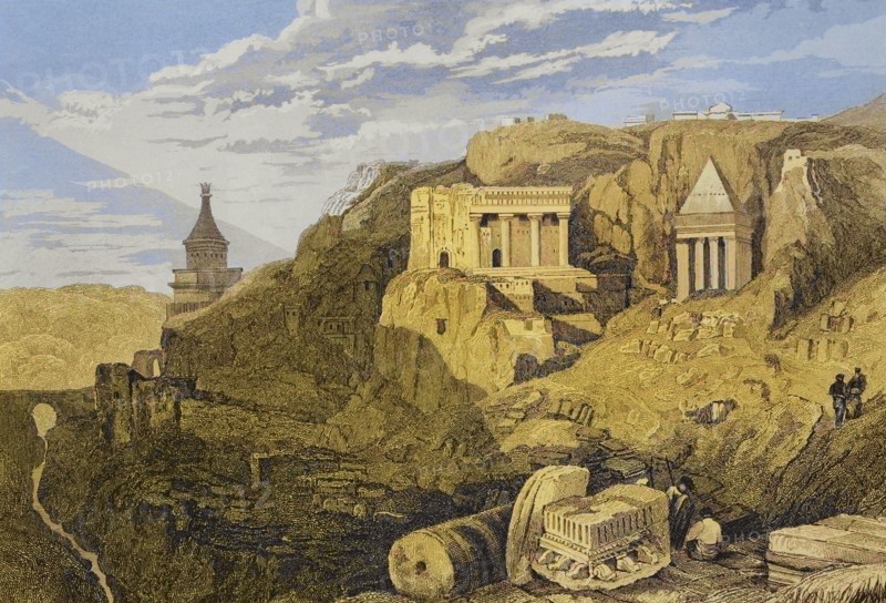 Jerusalem. Valley of Josaphat. Engraving by Aubert. Later colouration. ""La Tierra Santa y los lugares recorridos por los profetas, por los apostoles y por los cruzados"" (The Holy Land and the sites traversed by the prophets, by the apostles and by the crusaders). Published in Barcelona by the printing house of Joaquin Verdaguer, 1840.