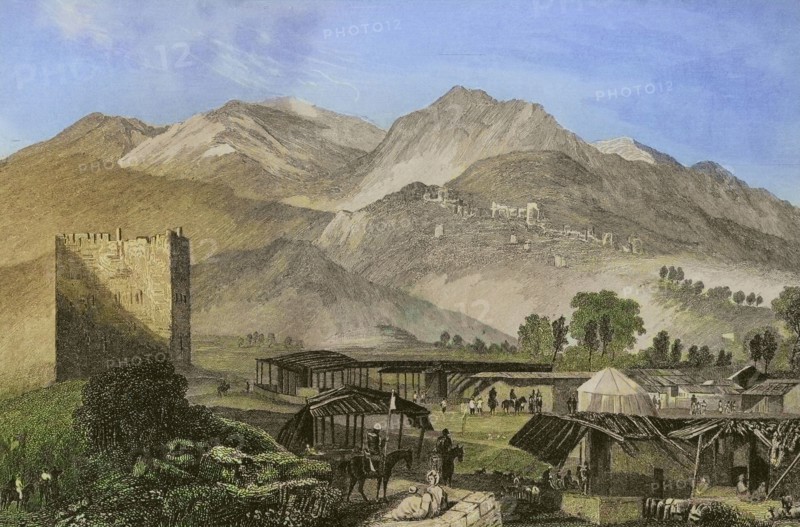 Jericho. General view. Engraving by Aubert. Later colouration. ""La Tierra Santa y los lugares recorridos por los profetas, por los apostoles y por los cruzados"" (The Holy Land and the sites traversed by the prophets, by the apostles and by the crusaders). Published in Barcelona by the printing house of Joaquin Verdaguer, 1840.