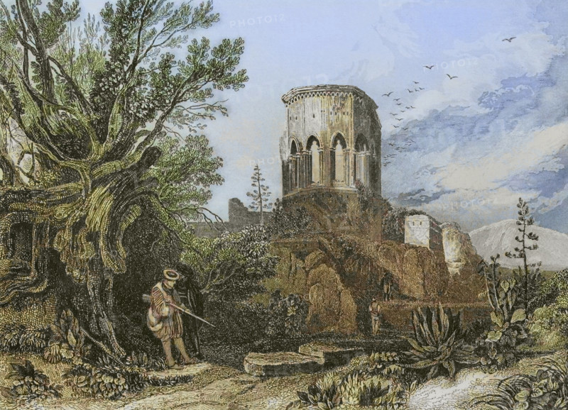 Samaria. Ruins of the city in the mountainous region of ancient Canaan. Engraving by Aubert. Later colouration. ""La Tierra Santa y los lugares recorridos por los profetas, por los apostoles y por los cruzados"" (The Holy Land and the sites traversed by the prophets, by the apostles and by the crusaders). Published in Barcelona by the printing house of Joaquin Verdaguer, 1840.