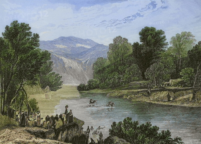 Banks of the Jordan River. Engraving by Aubert. Later colouration. ""La Tierra Santa y los lugares recorridos por los profetas, por los apostoles y por los cruzados"" (The Holy Land and the sites traversed by the prophets, by the apostles and by the crusaders). Published in Barcelona by the printing house of Joaquin Verdaguer, 1840.