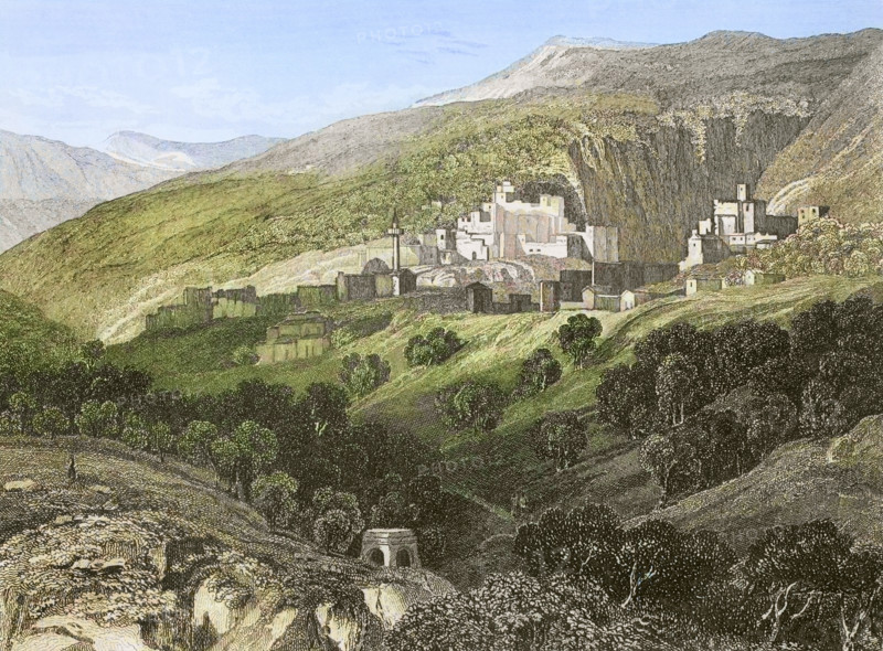 Nazareth. General view of the city. Engraving by Aubert. Later colouration. ""La Tierra Santa y los lugares recorridos por los profetas, por los apostoles y por los cruzados"" (The Holy Land and the sites traversed by the prophets, by the apostles and by the crusaders). Published in Barcelona by the printing house of Joaquin Verdaguer, 1840.