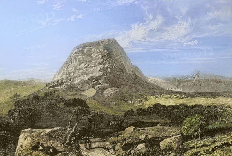 Mount Tabor. Lower Galilee. Engraving by Emile Rouargue. Later colouration. ""La Tierra Santa y los lugares recorridos por los profetas, por los apostoles y por los cruzados"" (The Holy Land and the sites traversed by the prophets, by the apostles and by the crusaders). Published in Barcelona by the printing house of Joaquin Verdaguer, 1840.