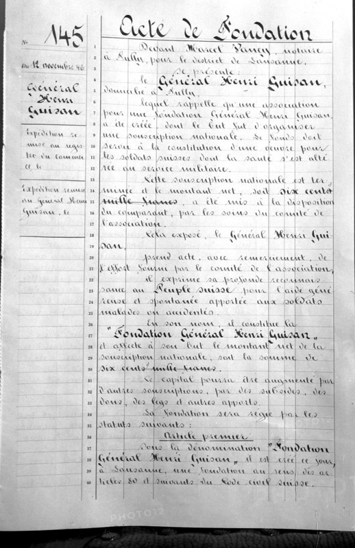 Founding charter of the Henri Guisan Foundation, 1946