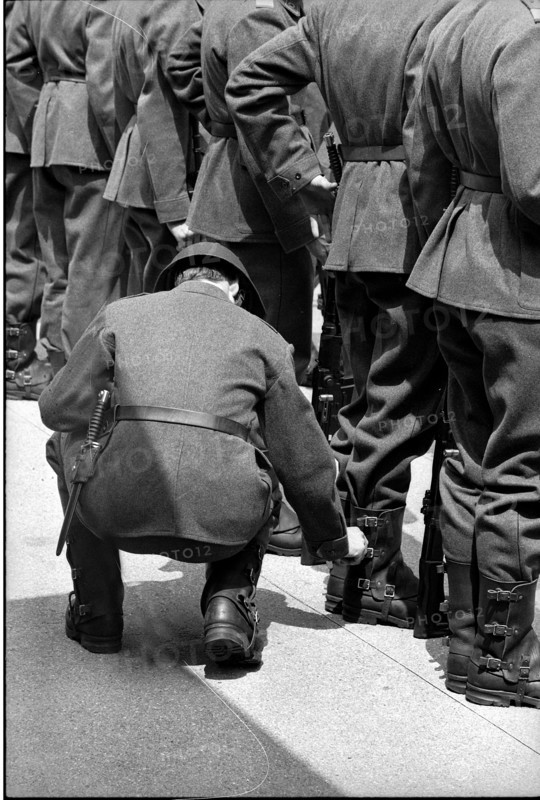 Soldiers standing in line, checking, preparing for a state visit; 1970