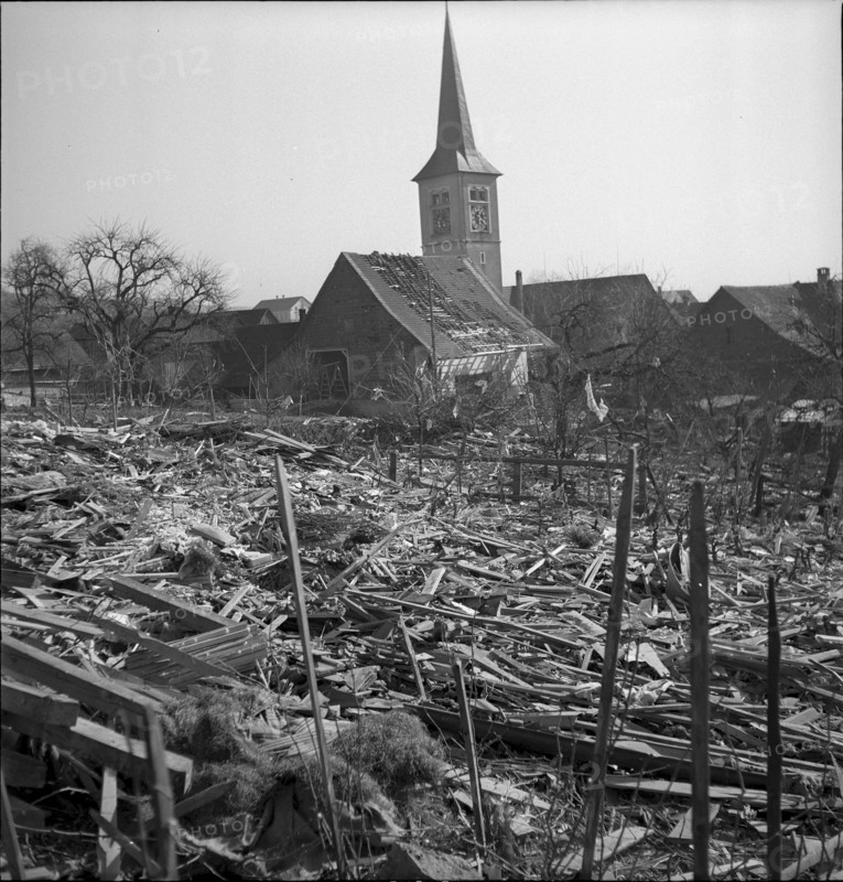 WW 2: bombing Rafz 1945. front: debris of the Siegrist's house