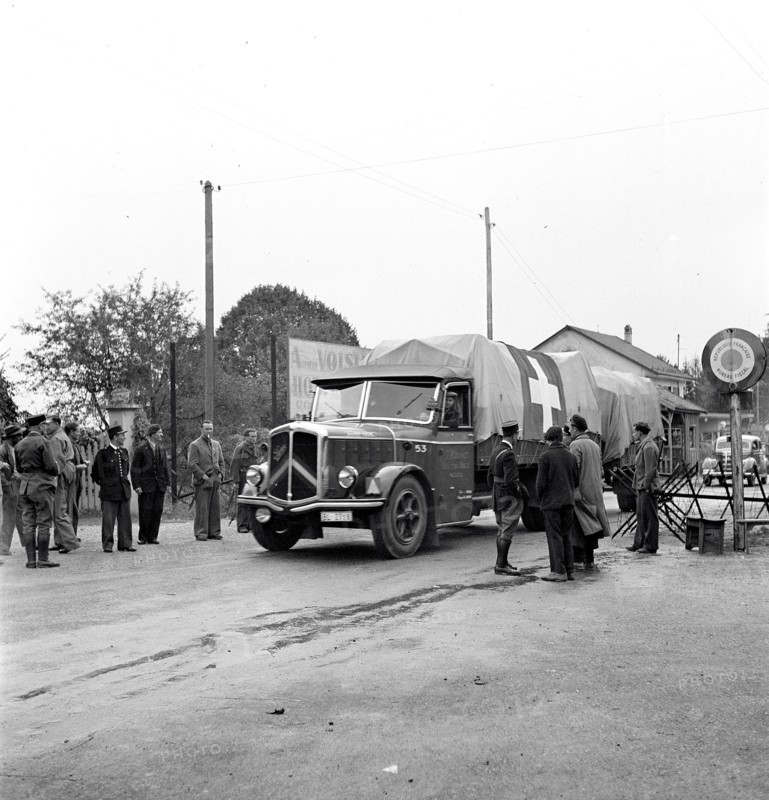 Swiss trucks crossing the border. 1944