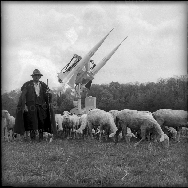 Flock of sheep with Contraves air defense rockets, Zurich 1958