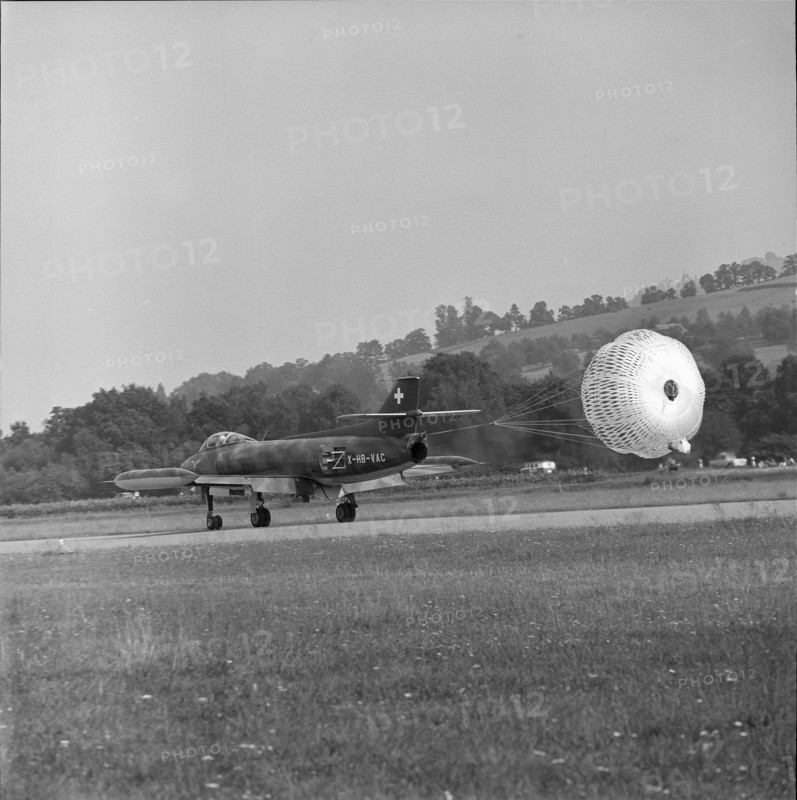 Fourth prototype of P16 military jet landing, Altenrhein 1959