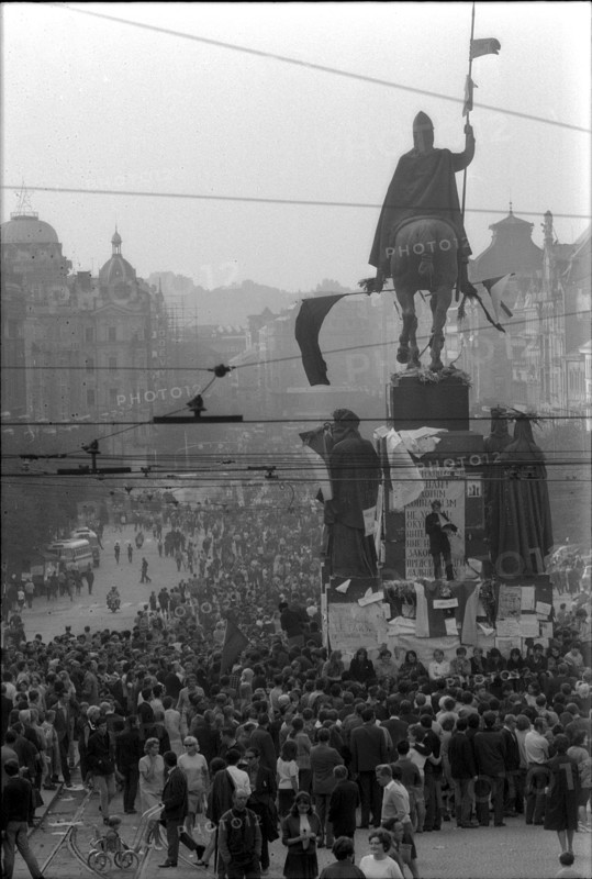 Prague 1968 after the invasion of the Warsaw Pact troops: Man protesting with a boot
