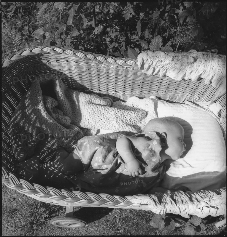 Refugee; Hungarian baby in a basket; 1945