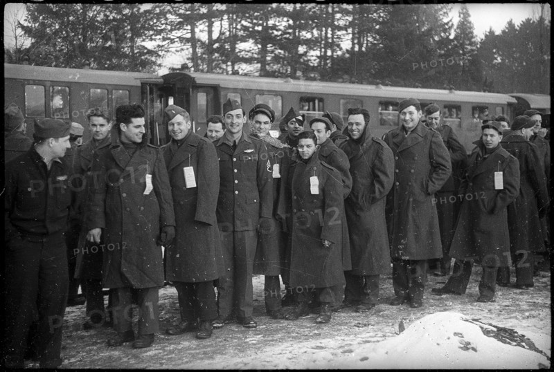 WW 2: french POWs in front of train, Kreuzlingen 1945.