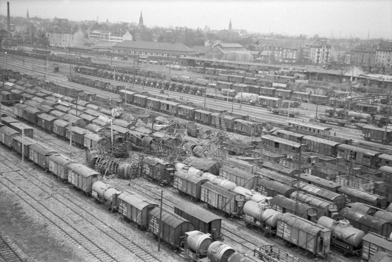 WW 2: Bomb airdrop, dropping; railroad shunting yard 'Wolf' Basle 1945.