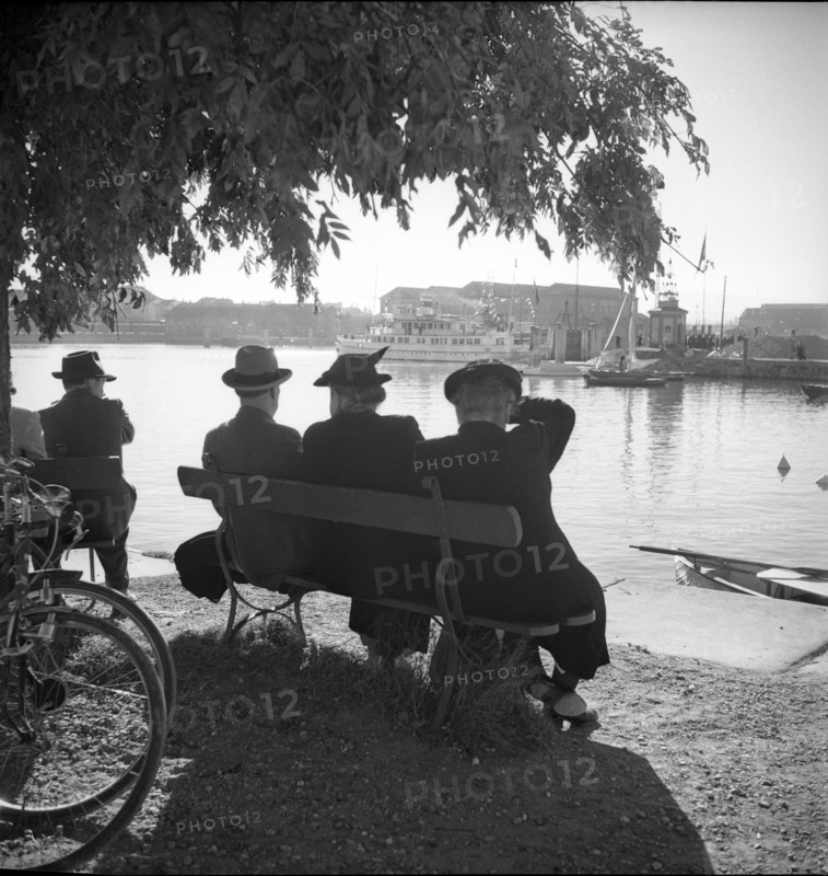 German tourists at the harbour of Romanshorn, 1948.