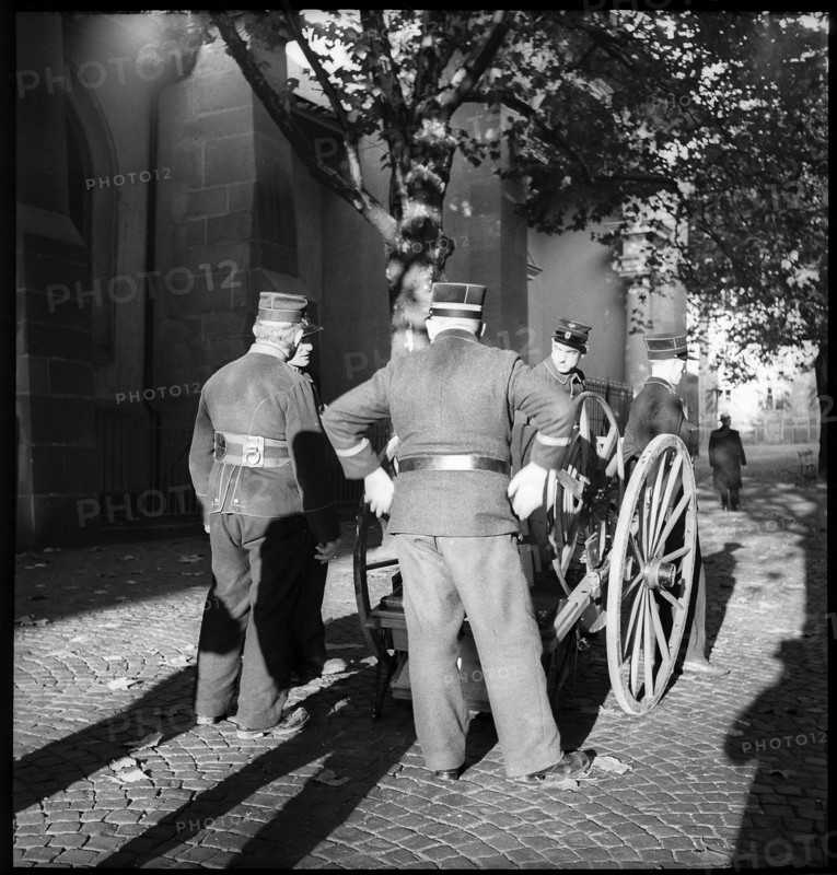 War fire brigade, men with hose cart, 1939.