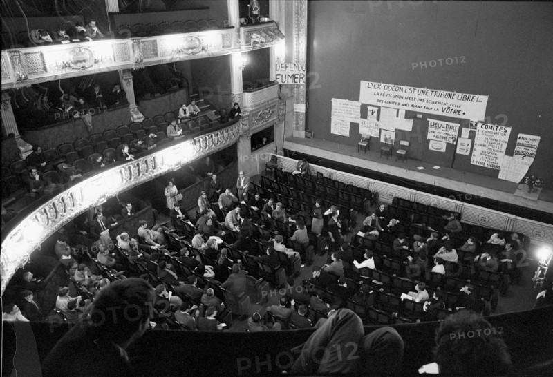 Student riots in Paris 1968: occupation of theatre Odeon.