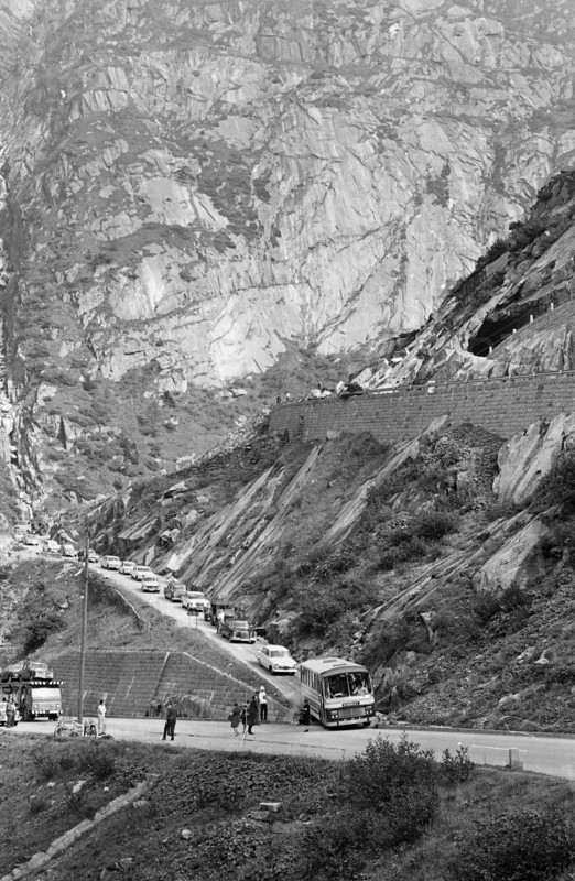 Traffic diversion after rock slip, Gotthard pass road 1969.