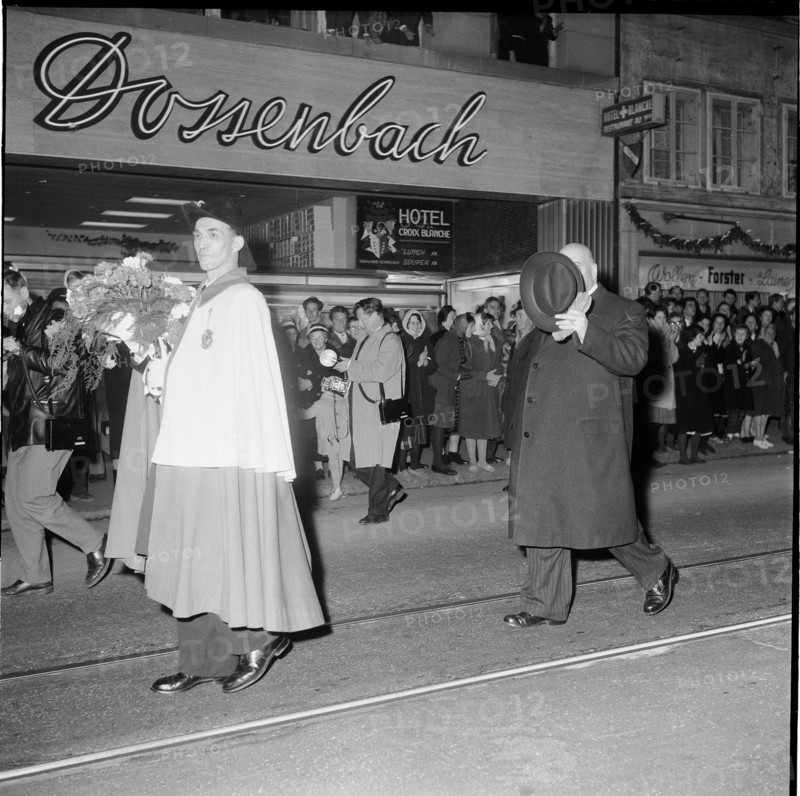 Jean Bourgknecht, newly elected federal councillor visiting fribourg; 1959.