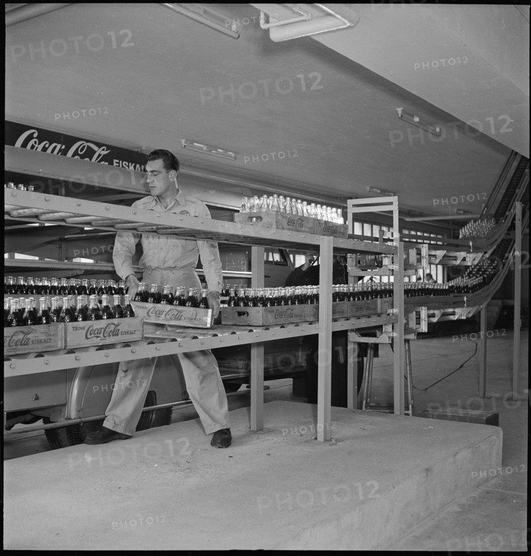 Coca-Cola, worker, bottling plant Zurich, 1949.
