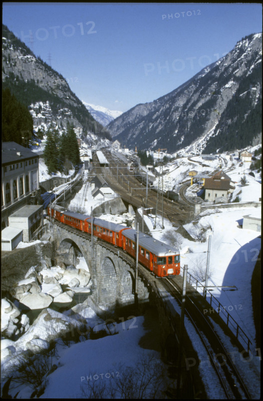 Schollenen train at the railway station Göschenen 1980.