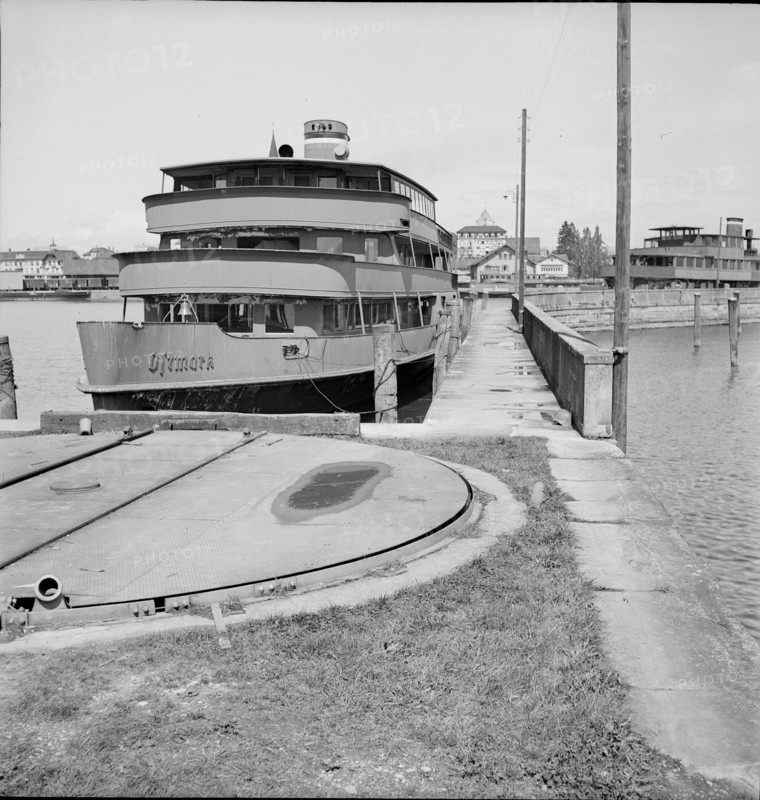 Romanshorn seaport, German ships leaving; 1945.